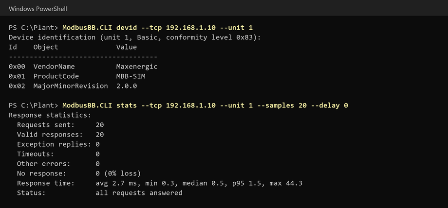 Terminal with CLI devid and stats output