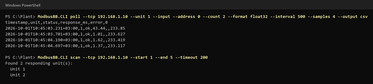 Terminal with CLI poll CSV output and slave scan