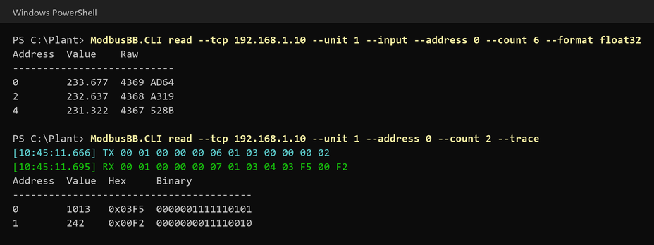 Terminal with CLI read commands and trace output