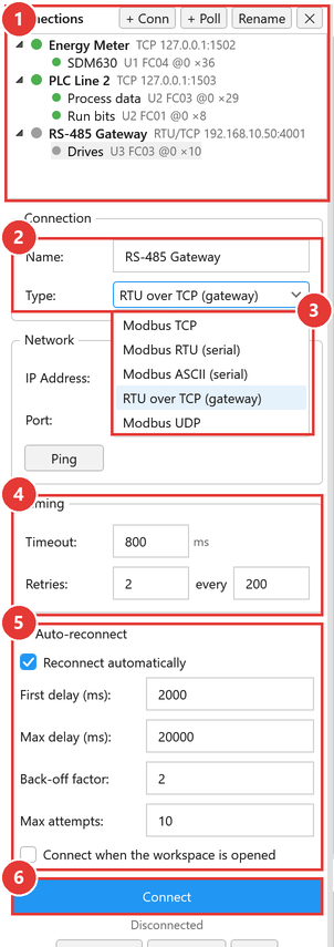 Connection panel with connections tree, name, type list, timing, auto-reconnect and connect button