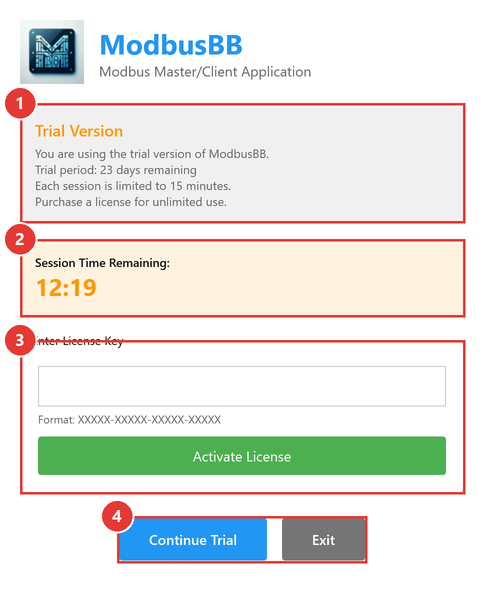 ModbusBB license window with trial information, session timer, license key field and buttons