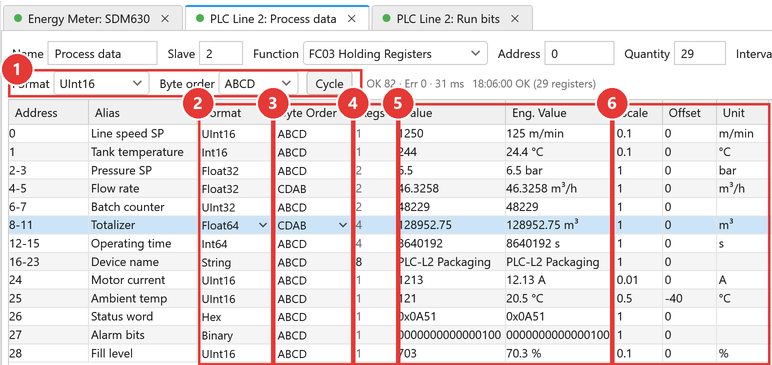 Register grid with format, byte order, register count, value, engineering value, scale, offset and unit columns