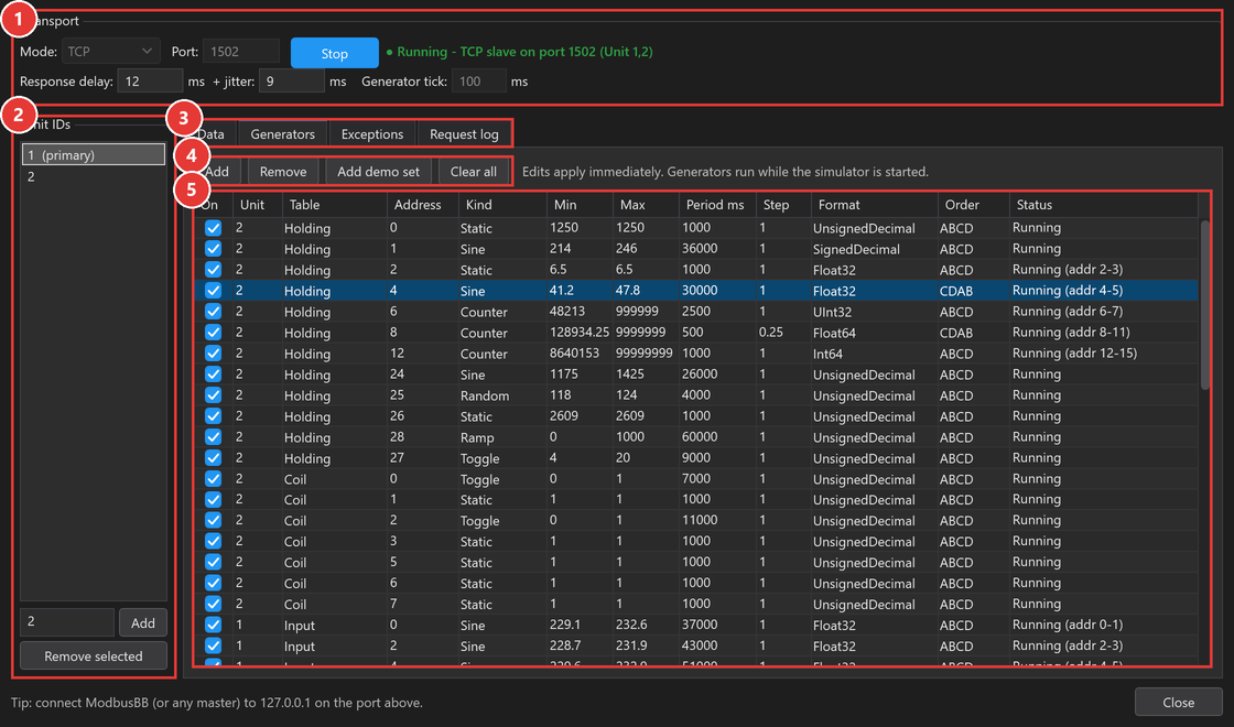 Simulator window with transport, unit IDs, tabs and value generators