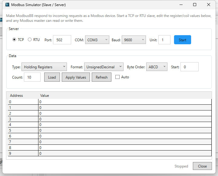 ModbusBB device simulator with editable registers, Float32 format and byte order selection