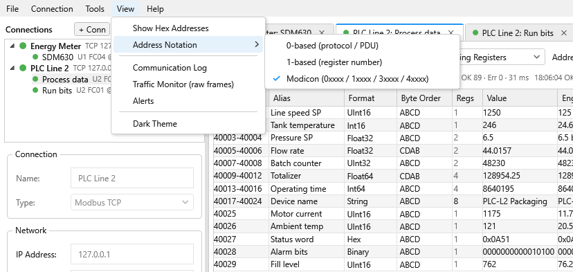 ModbusBB address notation setting with 0-based, 1-based and Modicon options and the register grid showing the chosen notation
