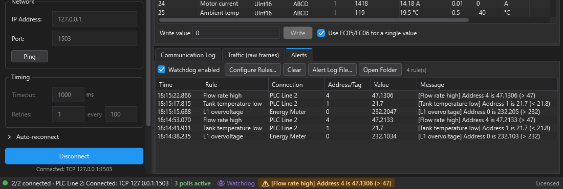 Alerts tab with alarm lines