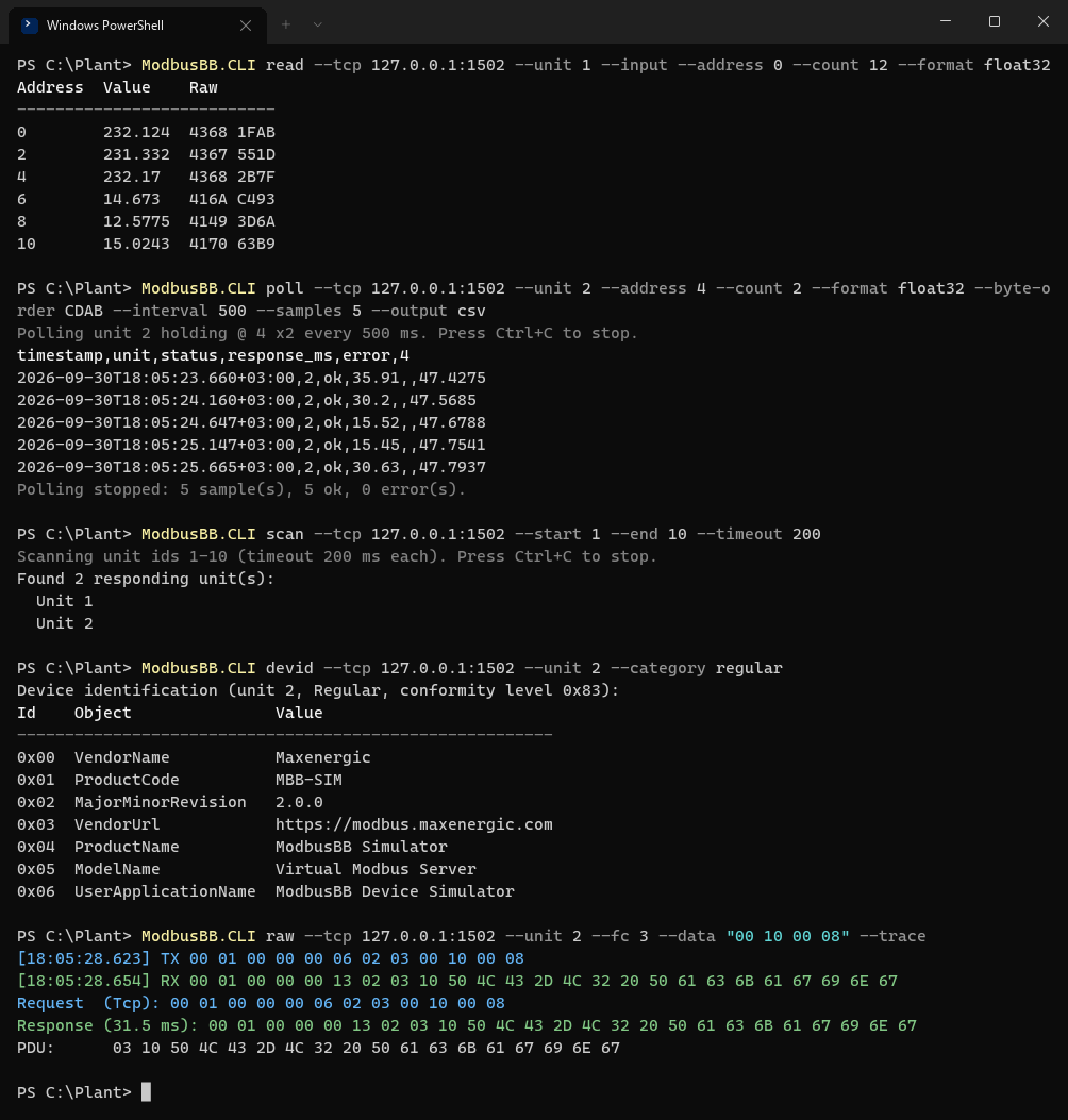 ModbusBB CLI in Windows Terminal reading holding registers with a table result and a TX/RX hex trace