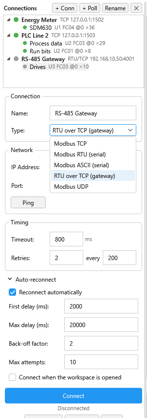 ModbusBB connection settings panel with connection type, IP and port, serial settings, timeout, retries and auto-reconnect back-off options
