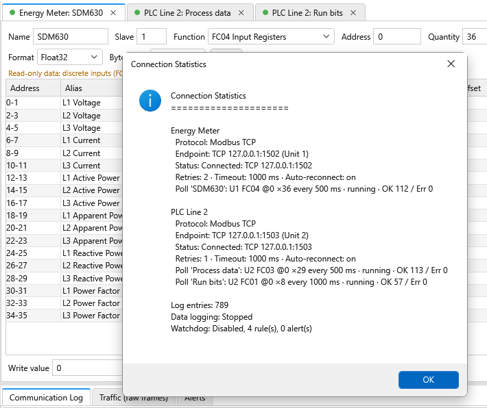Connection statistics window