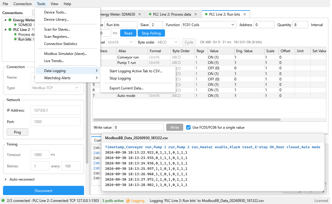 Data logging menu and CSV file preview