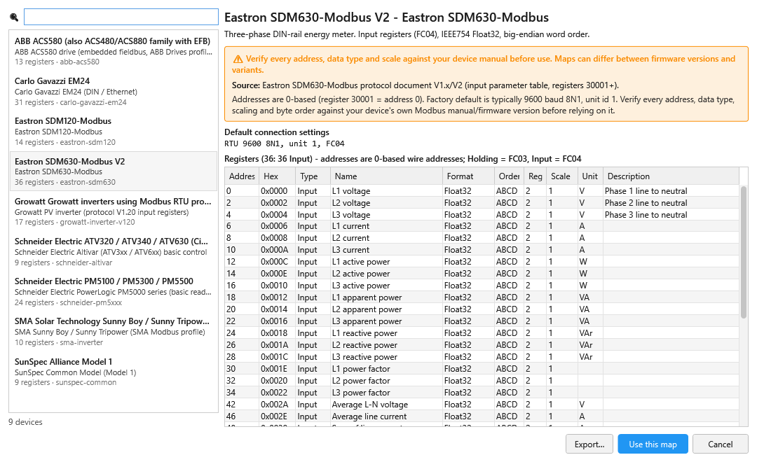 Device library window with list of devices and register table