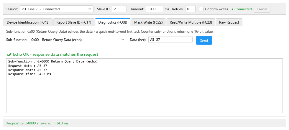 Diagnostics FC08 tab with echo test result
