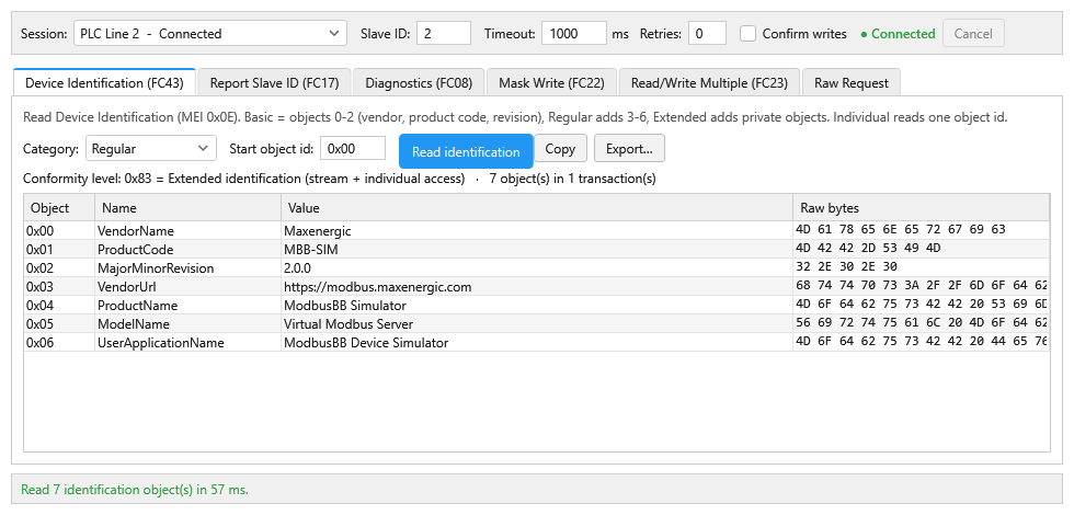 ModbusBB Device Tools window on the Device Identification (FC43) tab showing vendor name, product code and revision objects read from a device