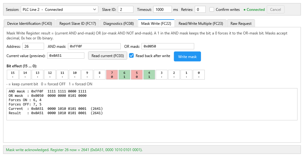 Mask Write FC22 tab with bit preview
