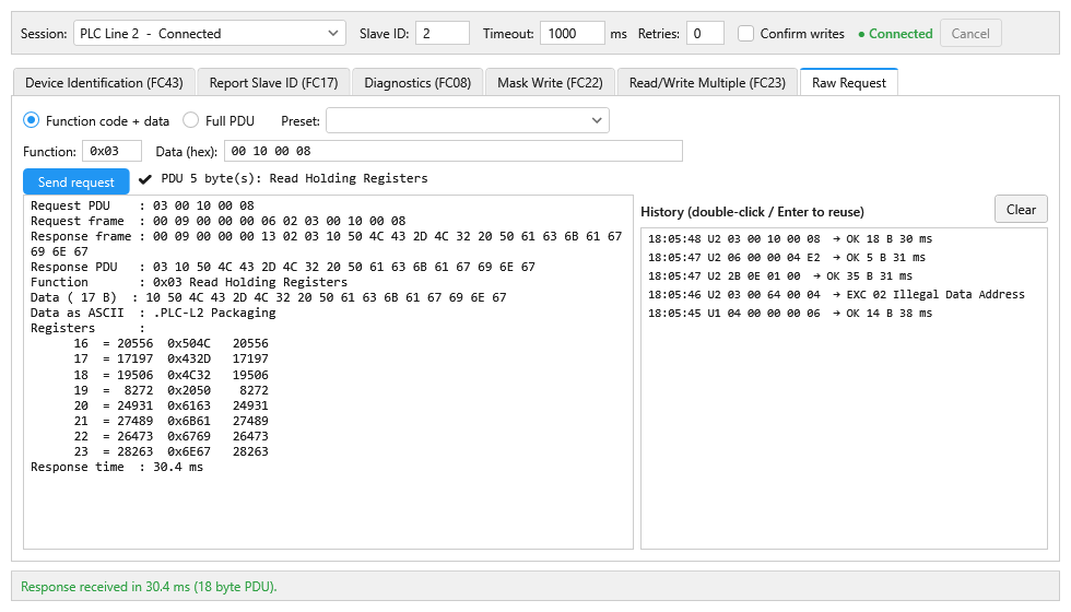 ModbusBB Device Tools Raw Request tab with a function code, data bytes and the TX/RX frames in hex
