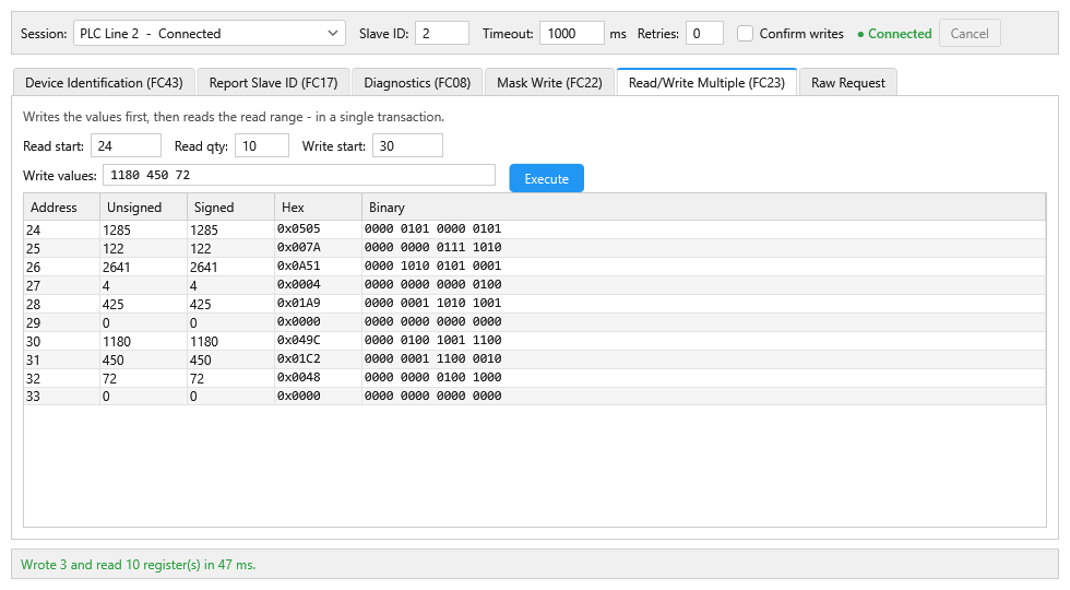 Read Write Multiple FC23 tab with result table