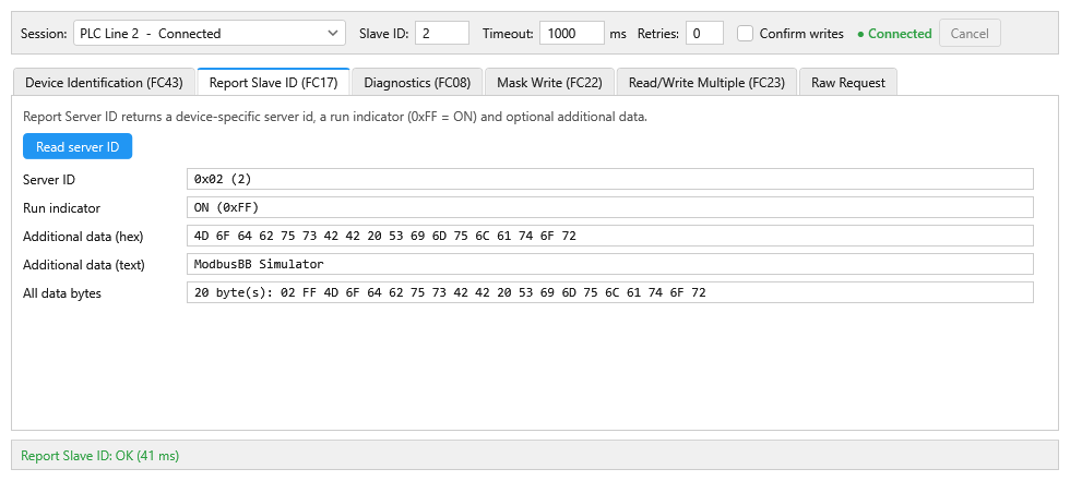 ModbusBB Device Tools window on the Report Slave ID FC17 tab showing server ID, run indicator and additional data as hex and text