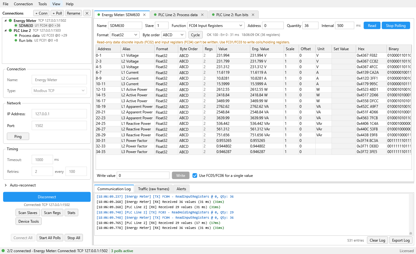 ModbusBB 2.0 main window with connections in the side tree, several poll tabs and a register grid showing decoded engineering values with units