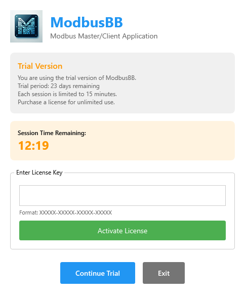 ModbusBB license window showing license status, key entry and device activations