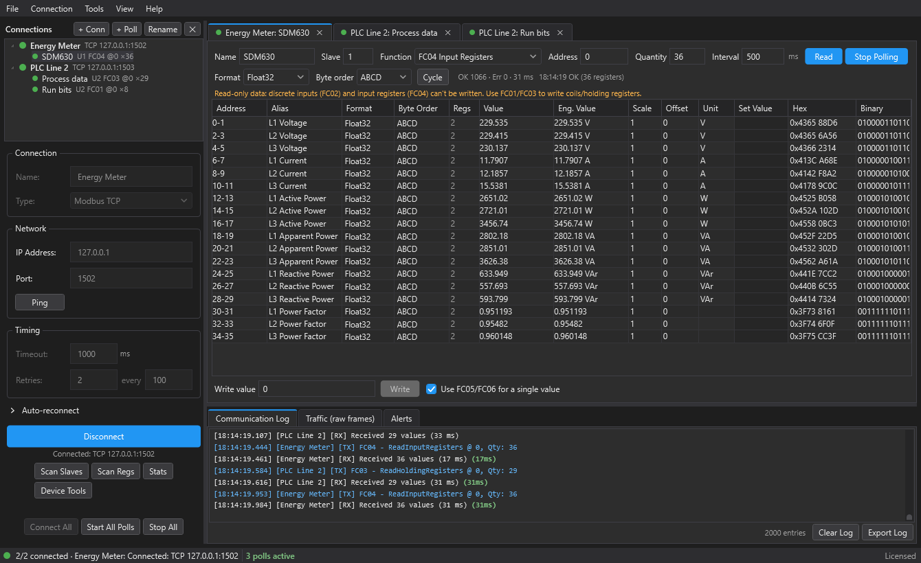 ModbusBB main window in the dark theme
