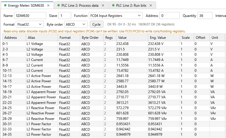 Poll tab with names and units from an imported register map