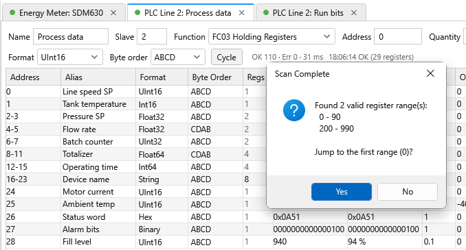 Scan registers result dialog