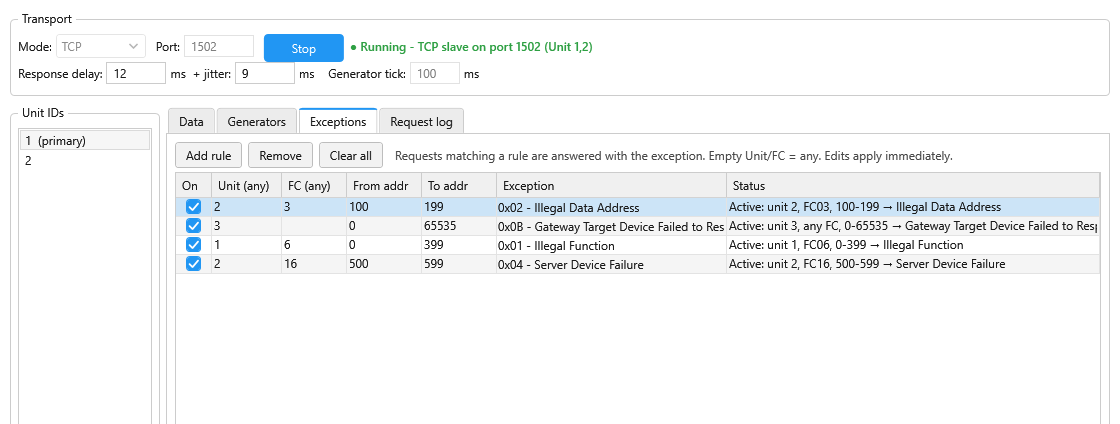 ModbusBB simulator Exceptions tab with an injection rule that answers a function code and address range with exception 02 Illegal Data Address, above the request log