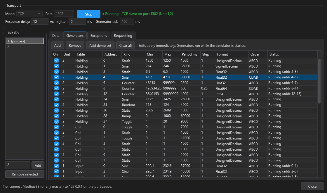ModbusBB Modbus simulator window running as a TCP slave with several unit IDs, a register data grid and value generators for sine, ramp and counter values