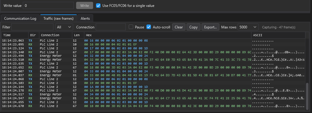 ModbusBB Traffic Monitor tab listing TX and RX Modbus frames in hex with timestamps, connection name, direction filter and export button
