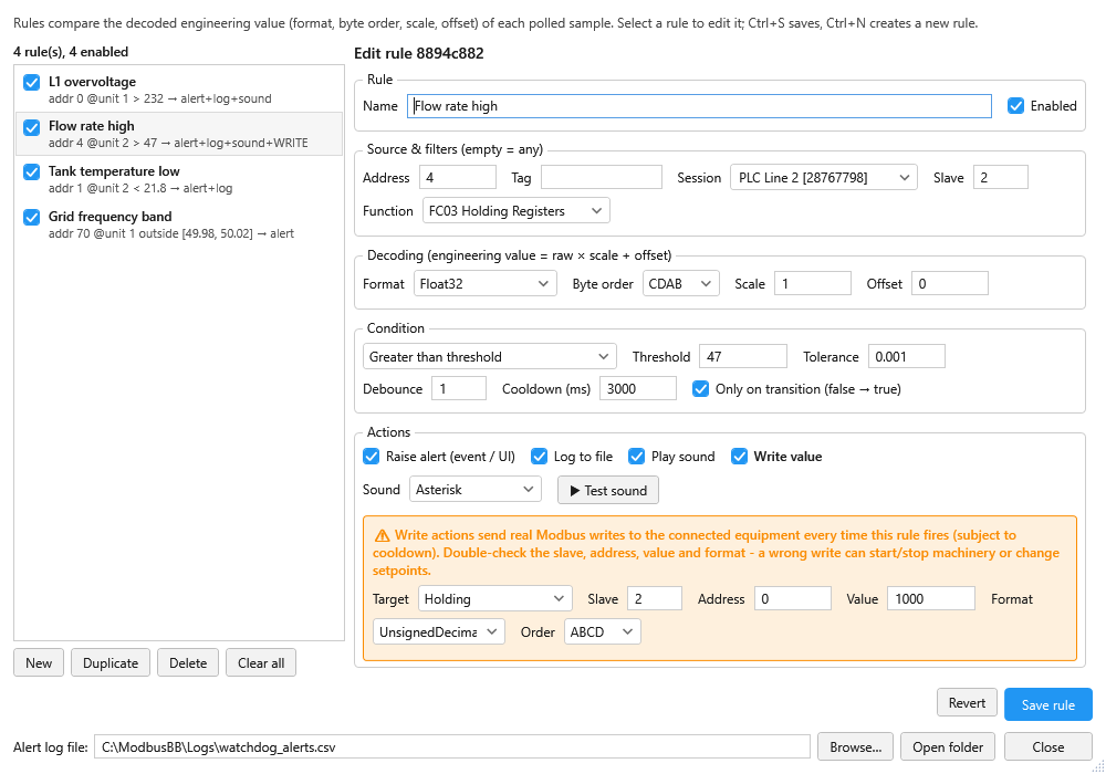 ModbusBB watchdog rule editor with source filters, decoding, condition, debounce, cooldown and actions including log to file, play sound and write value