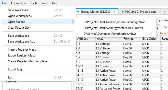 File menu with workspace commands and recent files